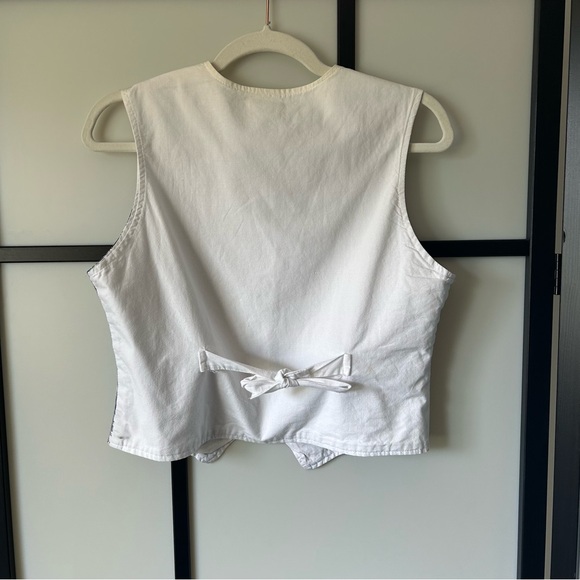 [L] Vintage Spring Blue & White Checker Tie Back Bow Button Down Cotton Vest - Picture 7 of 13